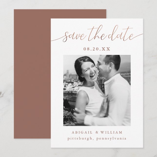 Modern Calligraphy Photo Terracotta Wedding Save The Date (Front/Back)
