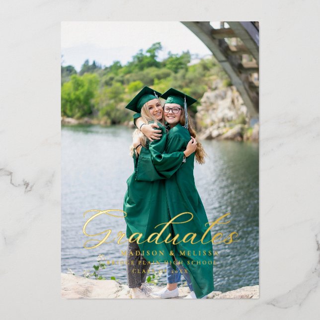 Modern Calligraphy Photo Twin Graduation  Foil Invitation (Front)