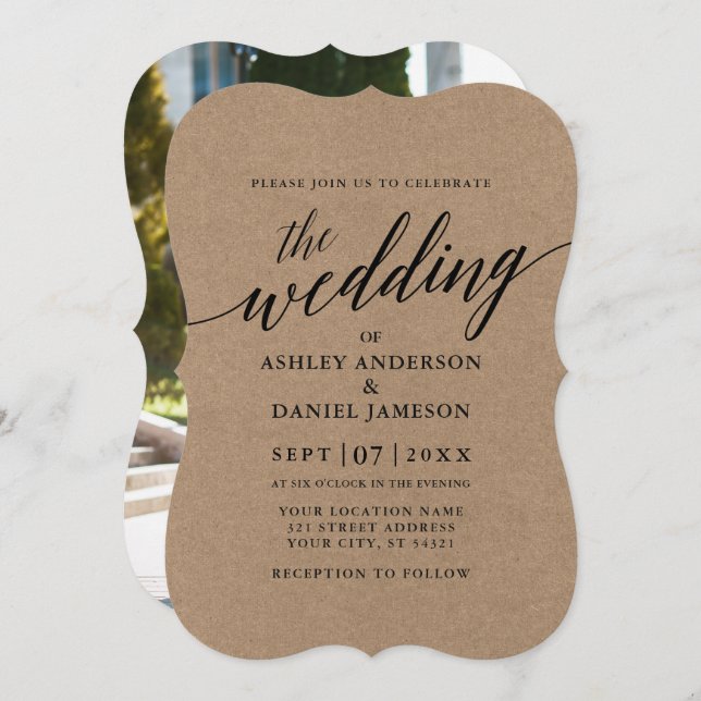 Modern Calligraphy Photo Wedding Kraft Invitation (Front/Back)