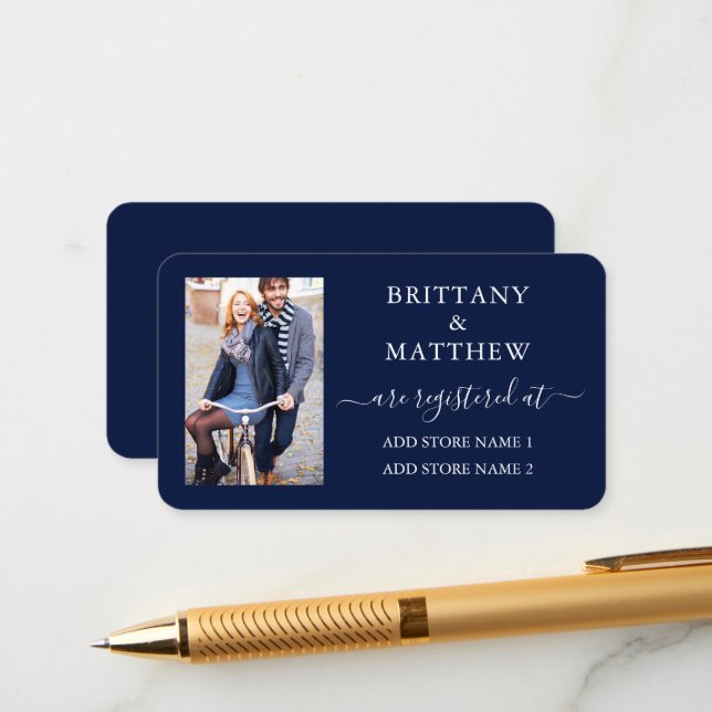 Modern Calligraphy Photo Wedding Registry Blue Enclosure Card (Front/Back In Situ)