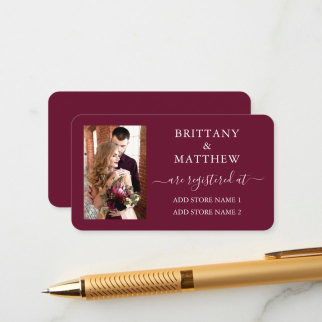 Modern Calligraphy Photo Wedding Registry Burgundy Enclosure Card (Front/Back In Situ)