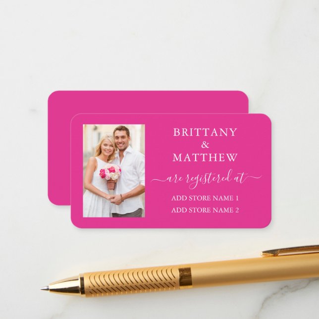 Modern Calligraphy Photo Wedding Registry Hot Pink Enclosure Card (Front/Back In Situ)