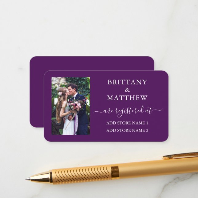 Modern Calligraphy Photo Wedding Registry Purple Enclosure Card (Front/Back In Situ)