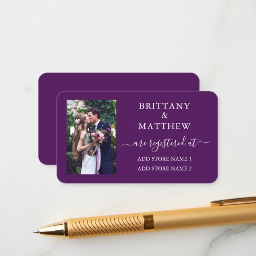 Modern Calligraphy Photo Wedding Registry Purple Enclosure Card