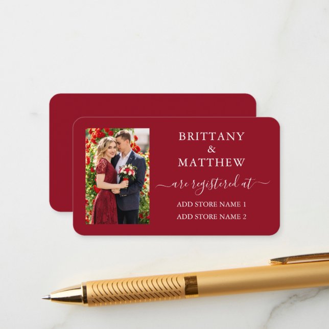 Modern Calligraphy Photo Wedding Registry Red Enclosure Card (Front/Back In Situ)