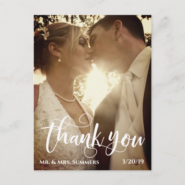 Modern Calligraphy Photo Wedding Thank You Brushed Postcard (Front)