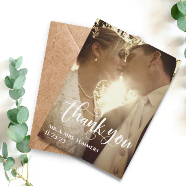 Modern Calligraphy Photo Wedding Thank You Budget Note Card | Zazzle