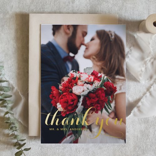 Modern Calligraphy Photo Wedding Thank You Foil Greeting Card