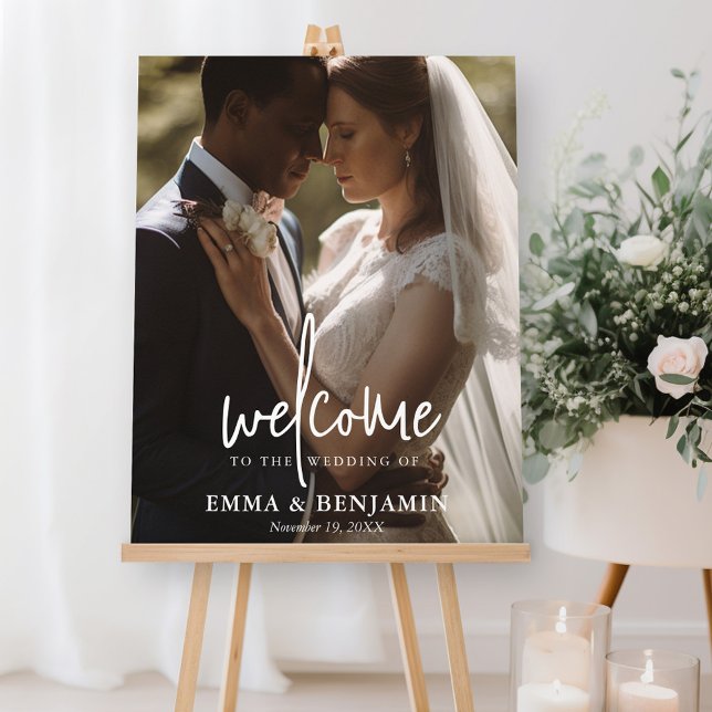 Modern Calligraphy Photo Wedding Welcome Foam Board (Wedding Welcome Sign - Modern 1 Photo)