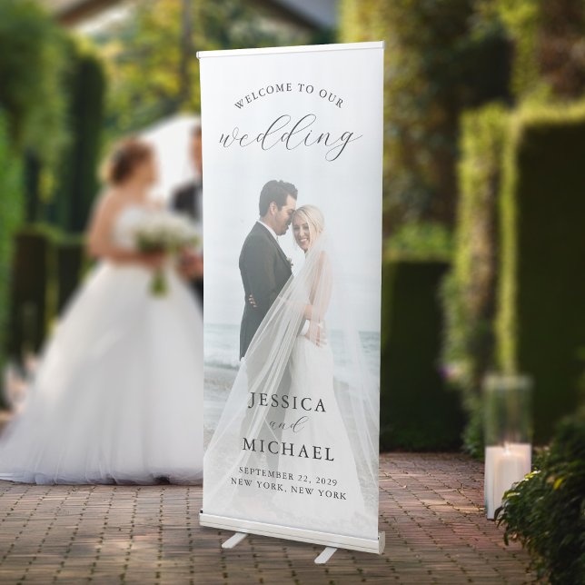 Modern Calligraphy Photo Wedding Welcome Retractable Banner (Creator Uploaded)