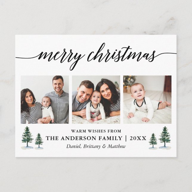 Modern Calligraphy Pines Christmas 3 Photo Postcard (Front)
