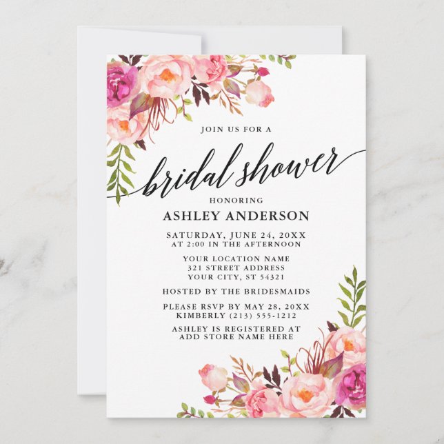 Modern Calligraphy Pink Blush Floral Bridal Shower Invitation (Front)