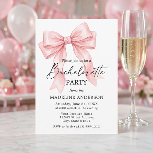 Modern Calligraphy Pink Bow Bachelorette Party Invitation