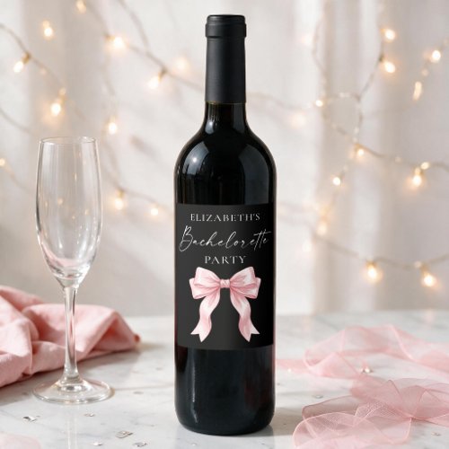 Modern Calligraphy Pink Bow Bachelorette Party Wine Label