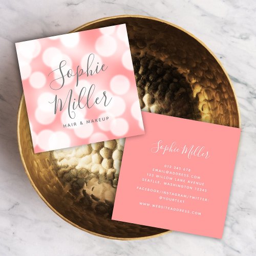 Modern Calligraphy Pink Champagne Bokeh Lights Square Business Card