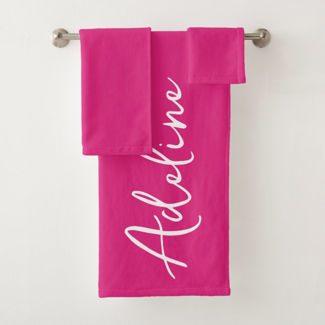 Modern Calligraphy Pink Custom Name Bath Towel Set (Insitu)