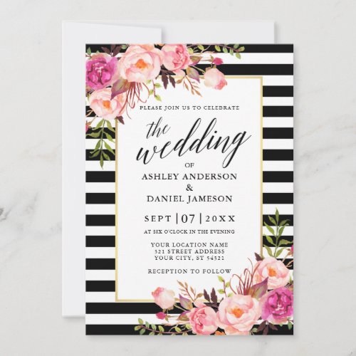 Modern Calligraphy Pink Floral Striped Wedding Invitation