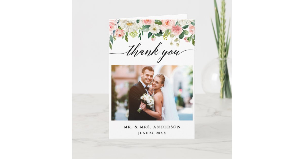 Modern Calligraphy Pink Floral Wedding Folded Thank You Card | Zazzle