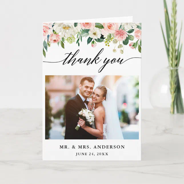 Modern Calligraphy Pink Floral Wedding Folded Thank You Card | Zazzle