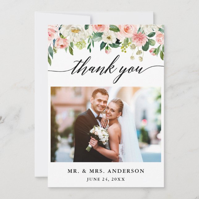 Modern Calligraphy Pink Floral Wedding Photo Thank You Card (Front)