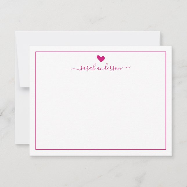 Modern Calligraphy Pink Heart Personalized Note Card (Front)