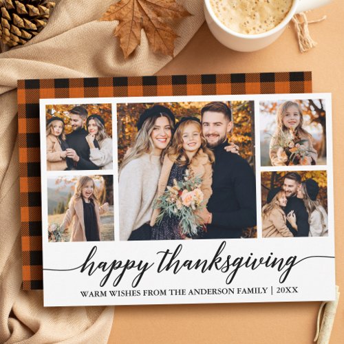 Modern Calligraphy Plaid Thanksgiving 5 Photo Holiday Card