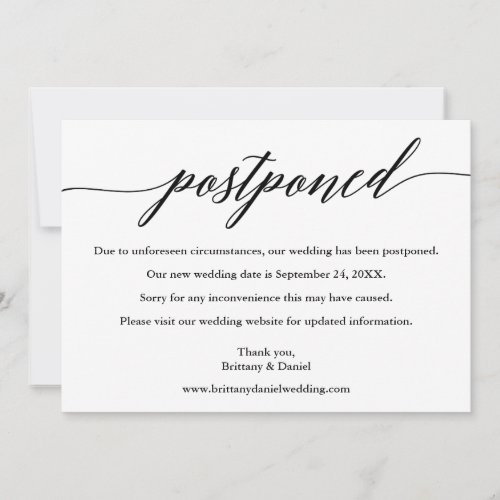 Modern Calligraphy Postponed New Wedding Date Card