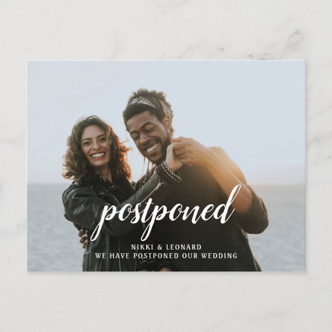 Modern Calligraphy Postponement Wedding Announcement Postcard