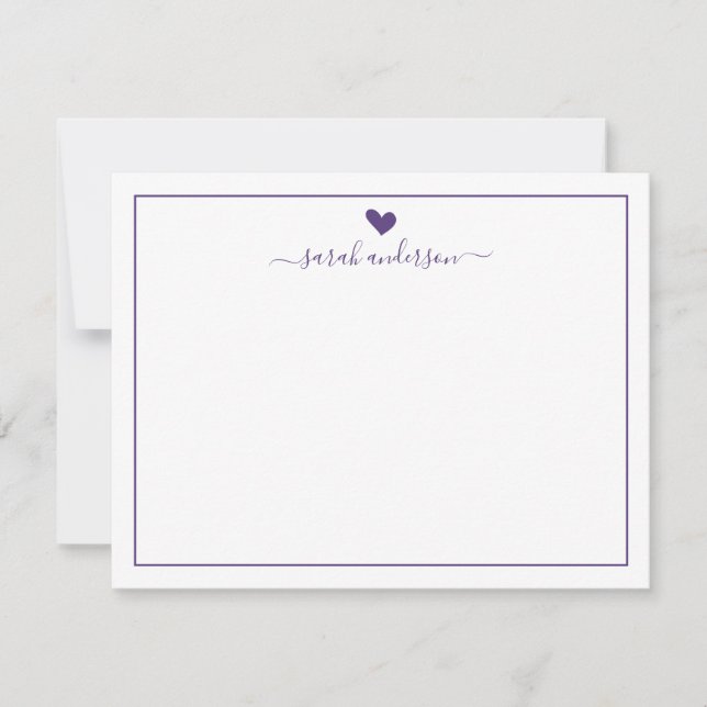 Modern Calligraphy Purple Heart Personalized Note Card (Front)