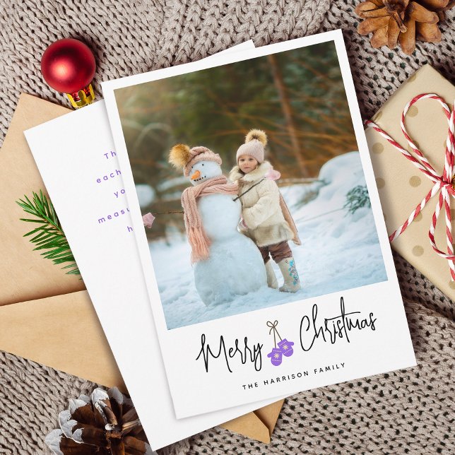 Modern Calligraphy Purple Mittens Photo Flat Holiday Card (Modern Calligraphy Purple Mittens Photo Flat Holiday Card)