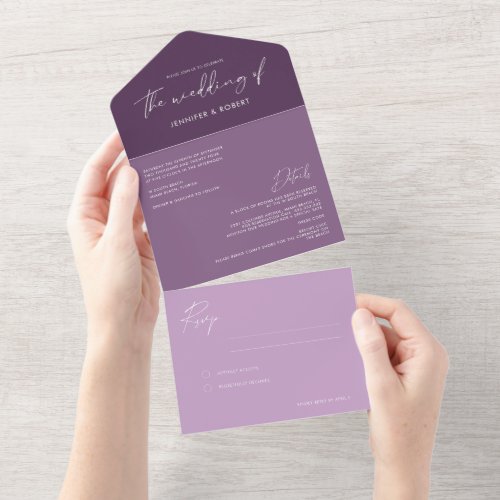 Modern Calligraphy Purple Plum Wedding All In One Invitation