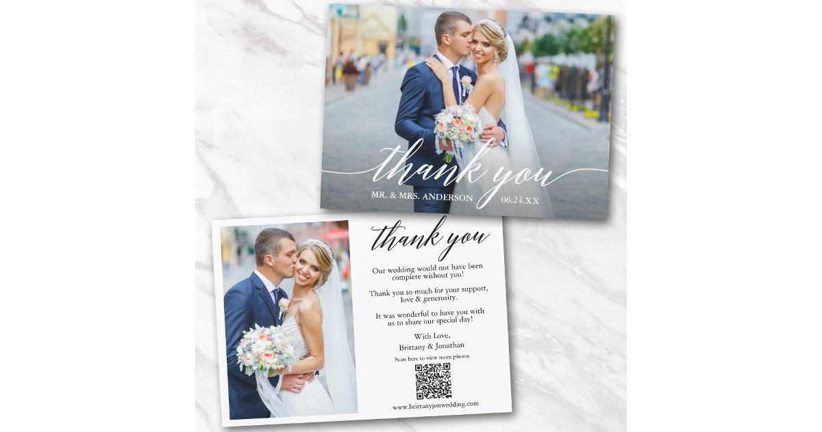 Modern Calligraphy QR Code 2 Photo Wedding Thank You Card | Zazzle