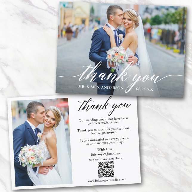 Modern Calligraphy QR Code 2 Photo Wedding  Thank You Card (Add your wedding website link to the QR Code so guests can scan & view more of your photos online.)