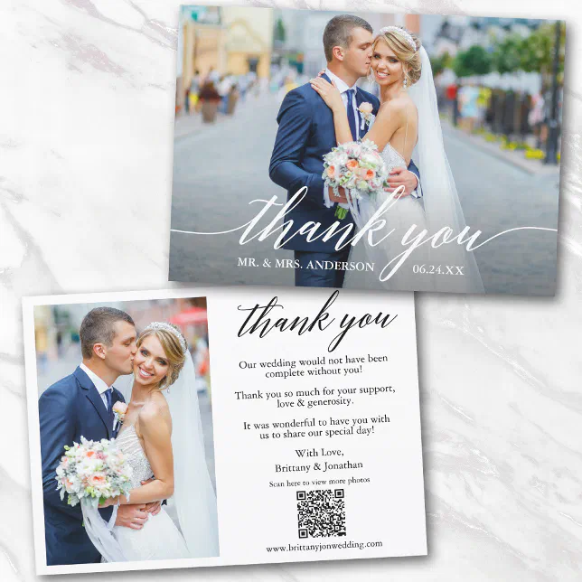 Modern Calligraphy QR Code 2 Photo Wedding Thank You Card | Zazzle