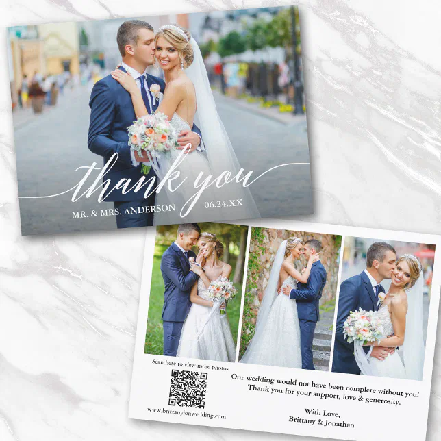 Modern Calligraphy QR Code 4 Photo Wedding Thank You Card | Zazzle