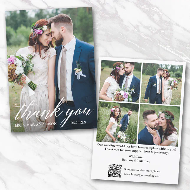 Modern Calligraphy QR Code 5 Photo Wedding Thank You Card | Zazzle