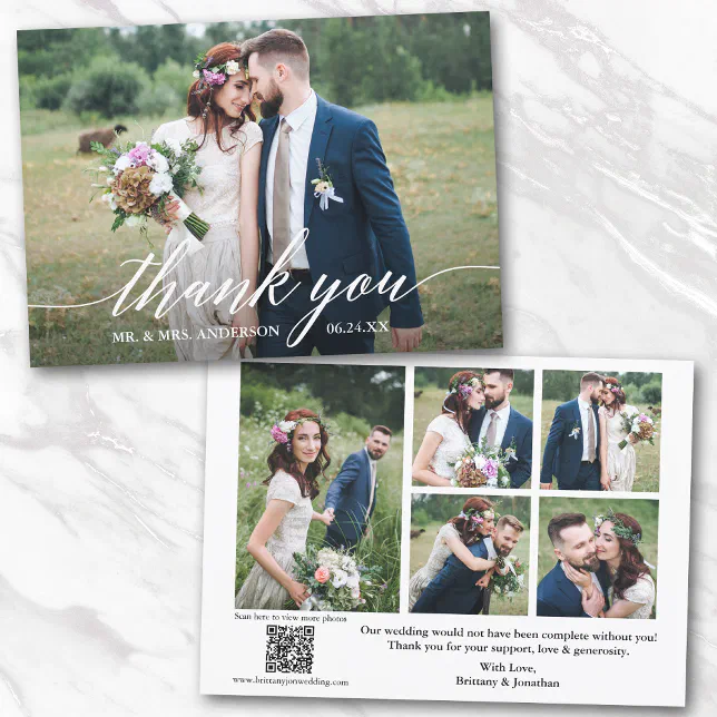 Modern Calligraphy QR Code 6 Photo Wedding Thank You Card | Zazzle