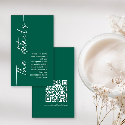 Modern Calligraphy QR Code Emerald Wedding Details Enclosure Card