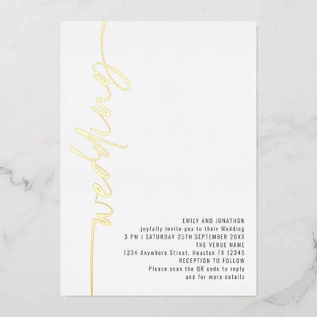 Modern Calligraphy QR Code Wedding Real  Foil Invi Invitation (Front)