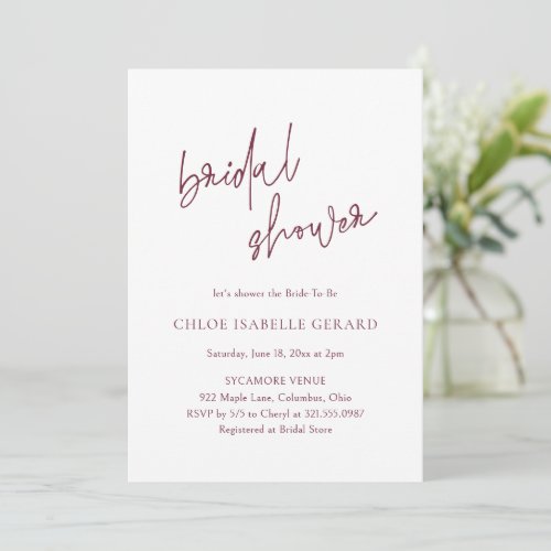 Modern Calligraphy Raspberry Elegant Bridal Shower Invitation