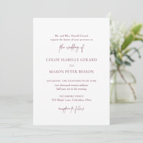 Modern Calligraphy Raspberry Elegant Wedding Invitation