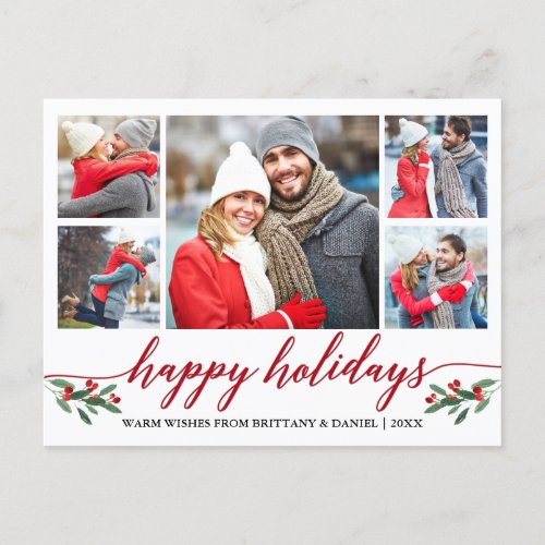 Modern Calligraphy Red Happy Holidays 5 Photo Postcard