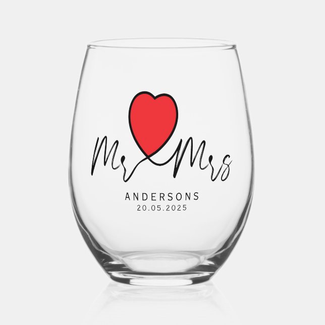 Modern Calligraphy Red Heart Mr. and Mrs. Wedding Stemless Wine Glass (Front)