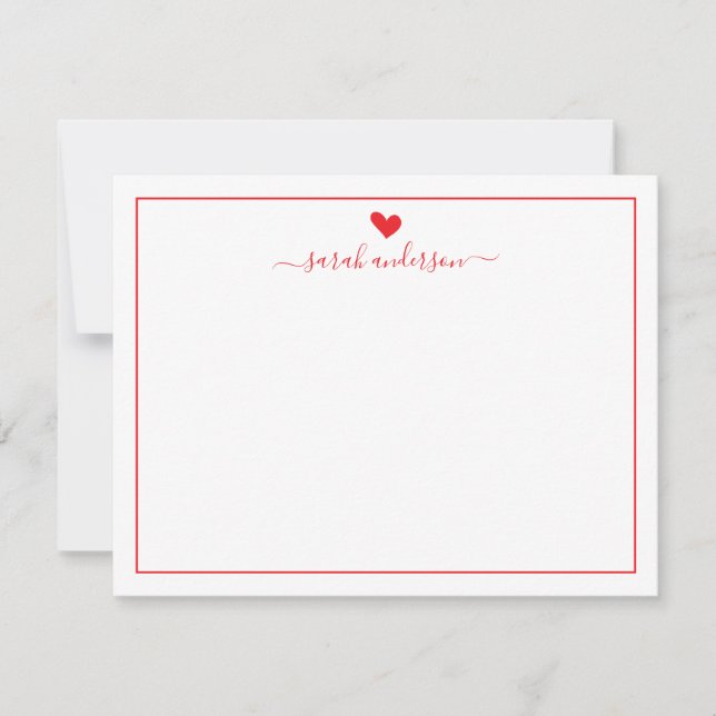 Modern Calligraphy Red Heart Personalized Note Card (Front)