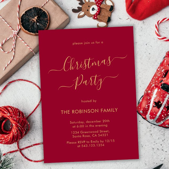 Modern Calligraphy Red Holiday Christmas Party Invitation (Creator Uploaded)