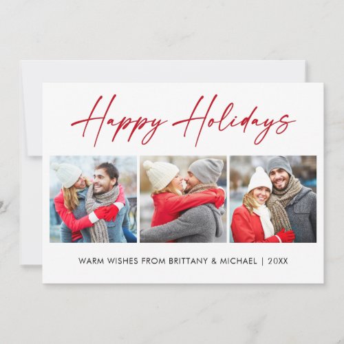 Modern Calligraphy Red Ink 3 Photo Couple Holiday Card
