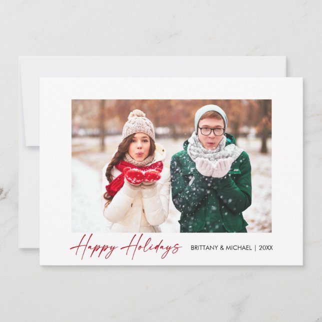 Modern Calligraphy Red Ink Script Couple Photo Holiday Card (Front)