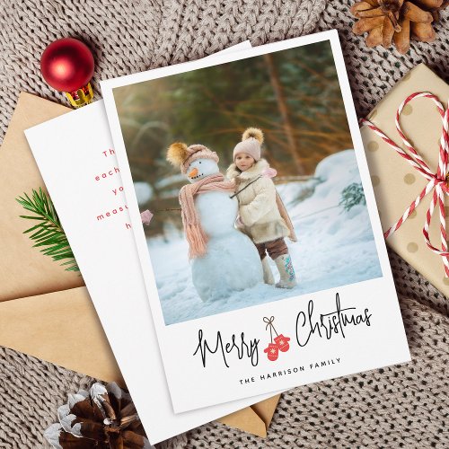 Modern Calligraphy Red Mittens Photo Flat Holiday Card