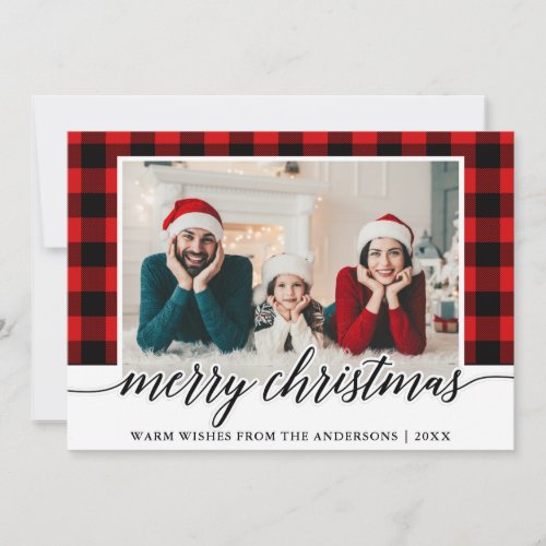 Modern Calligraphy Red Plaid Photo Christmas Holiday Card