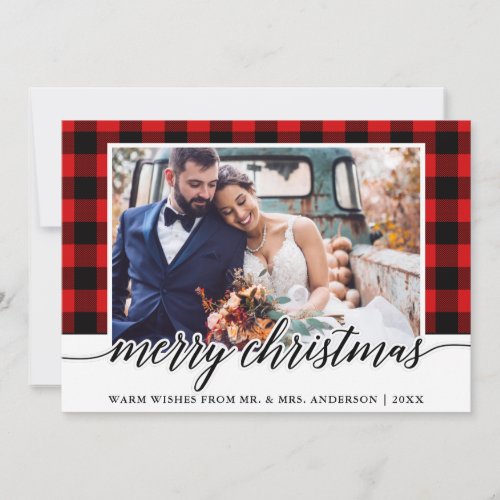 Modern Calligraphy Red Plaid Wedding Photo Holiday Card
